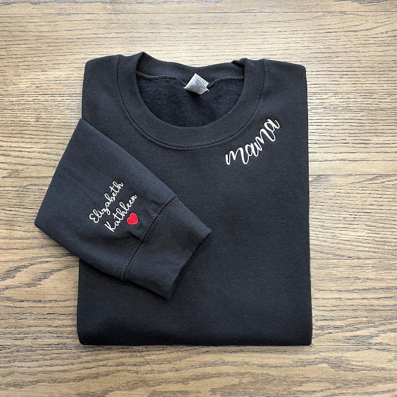 Custom Embroidered Mama Sweatshirt with Kids Names On Sleeve Best Mom Sweatshirt | Mother's Day Gift