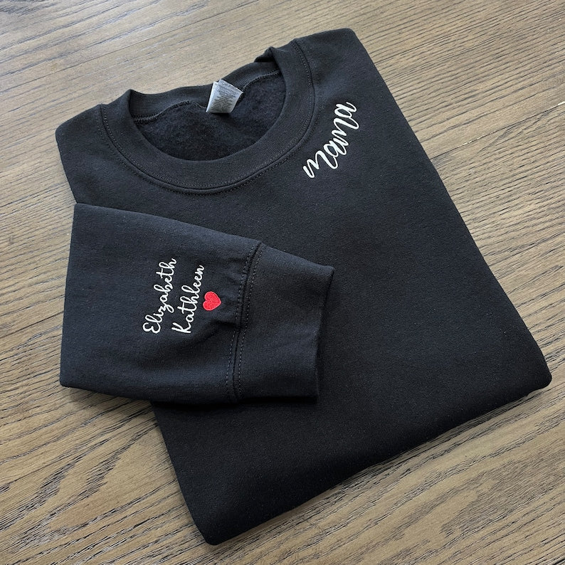 Custom Embroidered Mama Sweatshirt with Kids Names On Sleeve Best Mom Sweatshirt | Mother's Day Gift