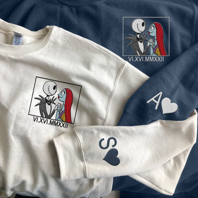 Custom Embroidered Matching Couple Sweatshirt with Roman Numerals Jack Skellington and Sally | Anniversary Gift