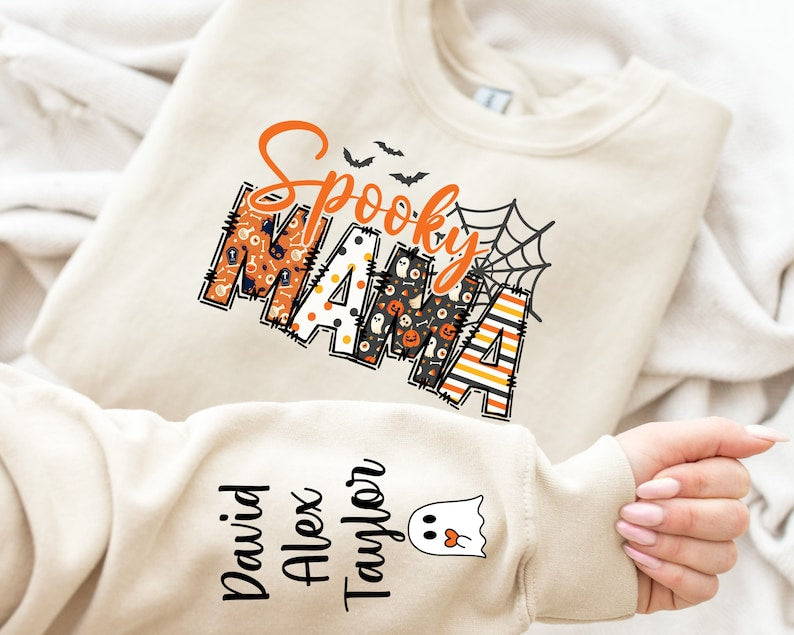 Custom Cool Personalized Halloween Spooky Mom Sweatshirt with Child's Name on Sleeve