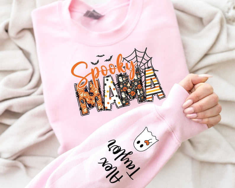 Custom Cool Personalized Halloween Spooky Mom Sweatshirt with Child's Name on Sleeve