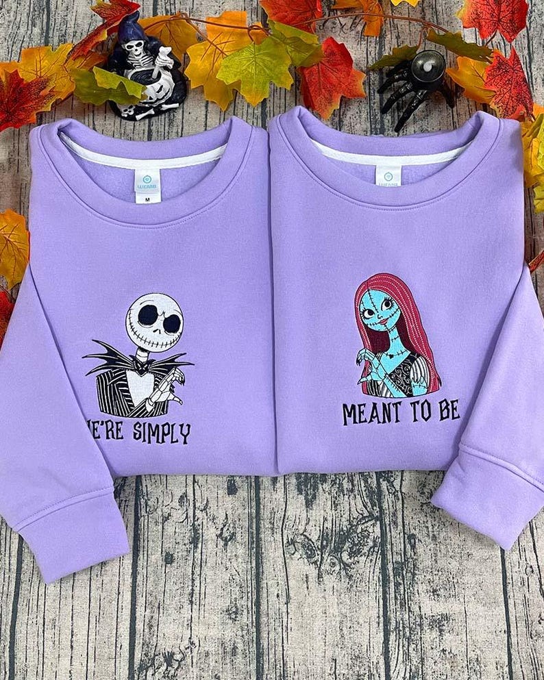 Custom Halloween Couple Cartoon Skeleton Jack and Sally Embroidered Sweatshirt-We Are Simply Meant To Be, Birthday Gift