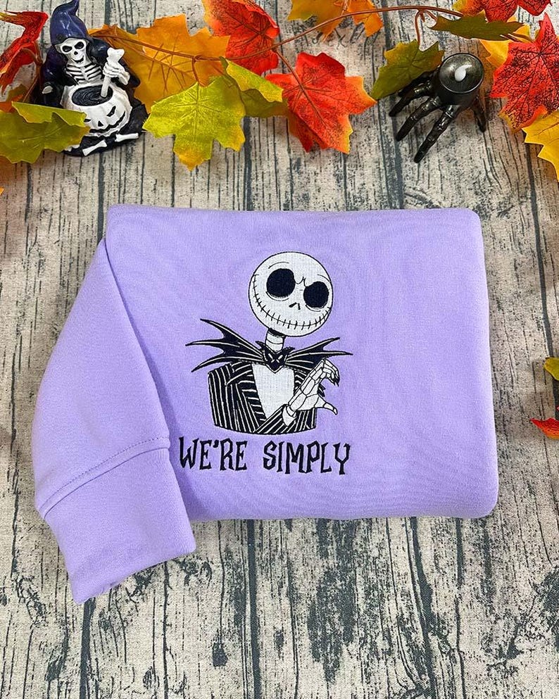 Custom Halloween Couple Cartoon Skeleton Jack and Sally Embroidered Sweatshirt-We Are Simply Meant To Be, Birthday Gift