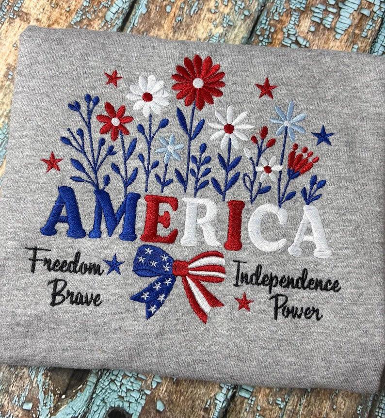 America Floral Embroidered Design Sweatshirt-4Th Of July Independence Day