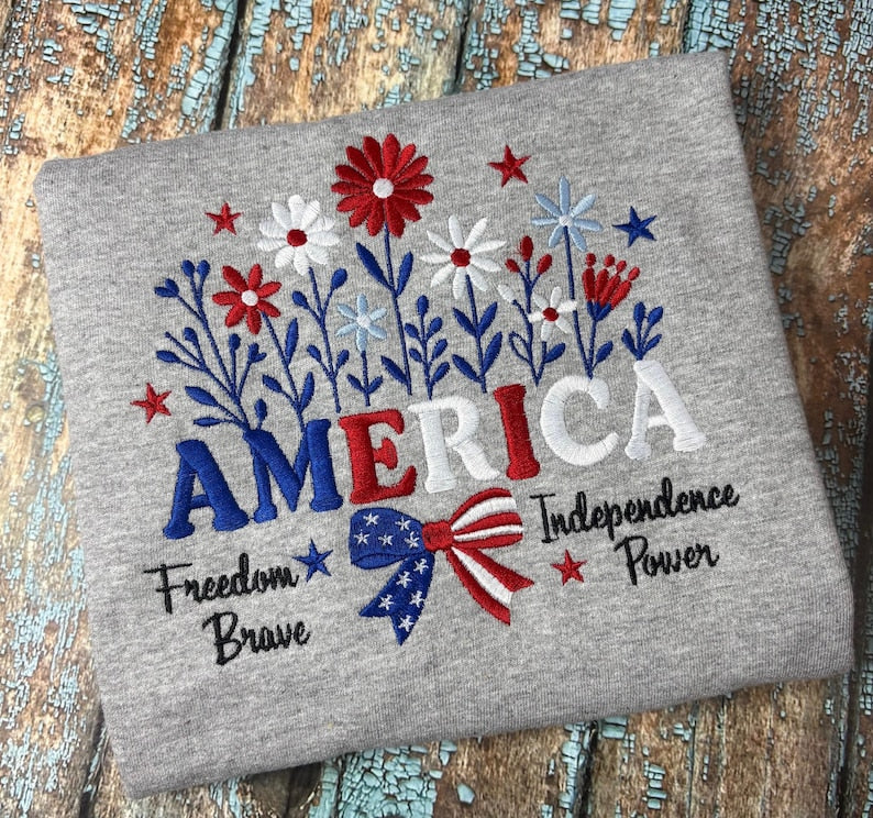 America Floral Embroidered Design Sweatshirt-4Th Of July Independence Day