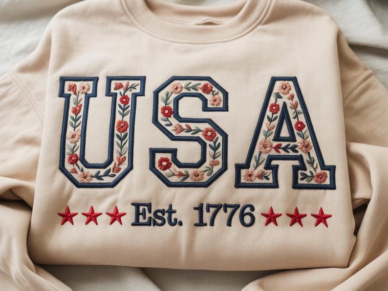 Embroidered Patriotic Floral USA 1776 Applique Sweatshirt | Independence Day Gift