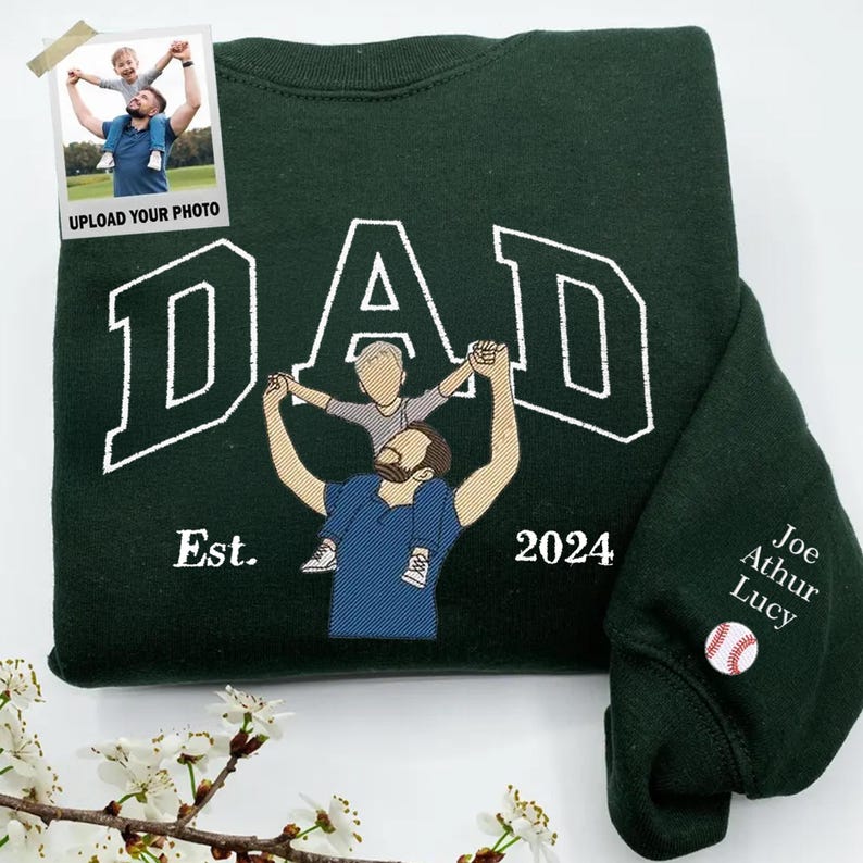 Custom Embroidered Dad Portrait Sweatshirt – Personalized Photo Memorial Father's Day Gift