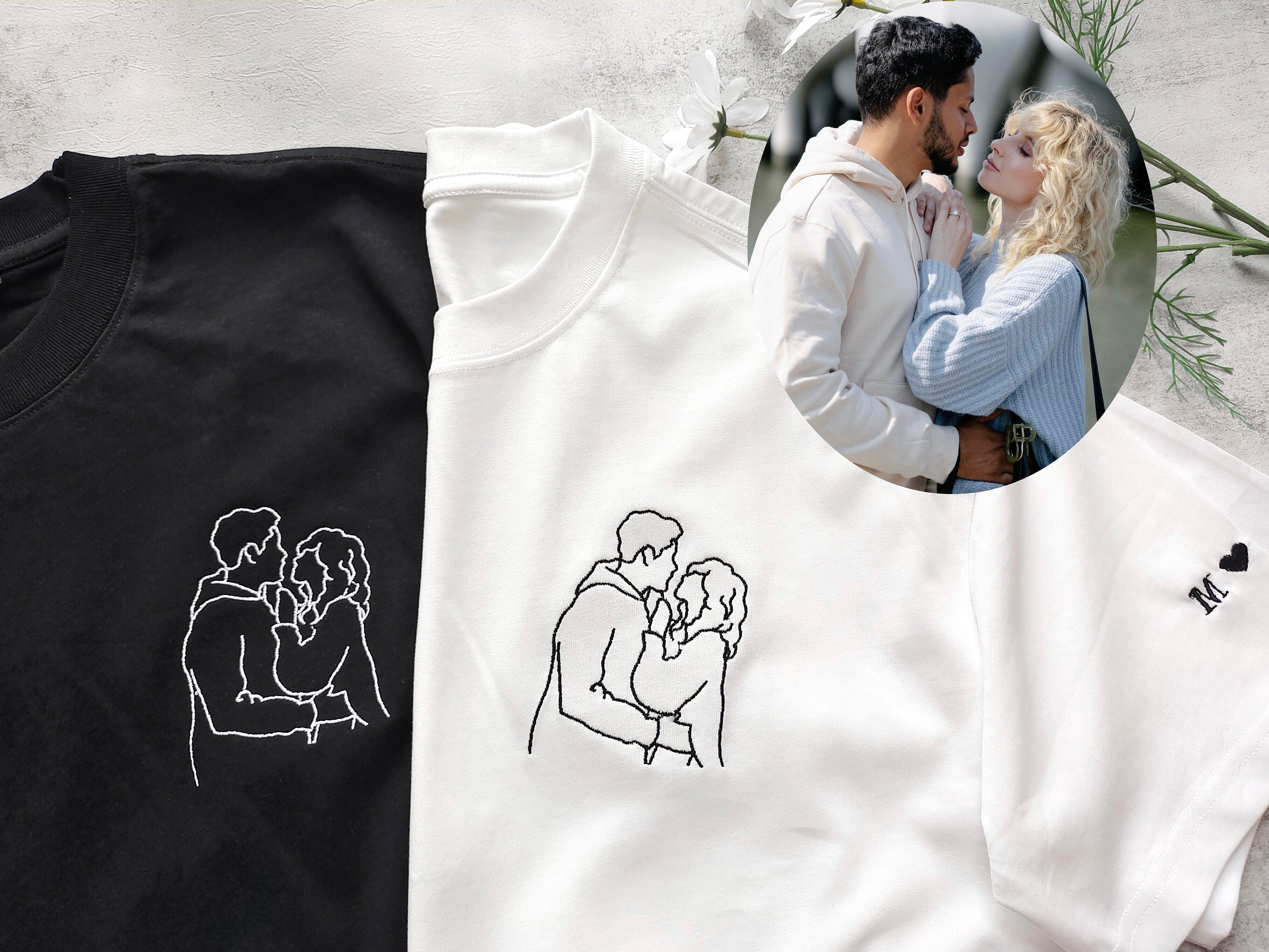 Custom Couple Portrait Embroidered T-shirt For Valentines Day