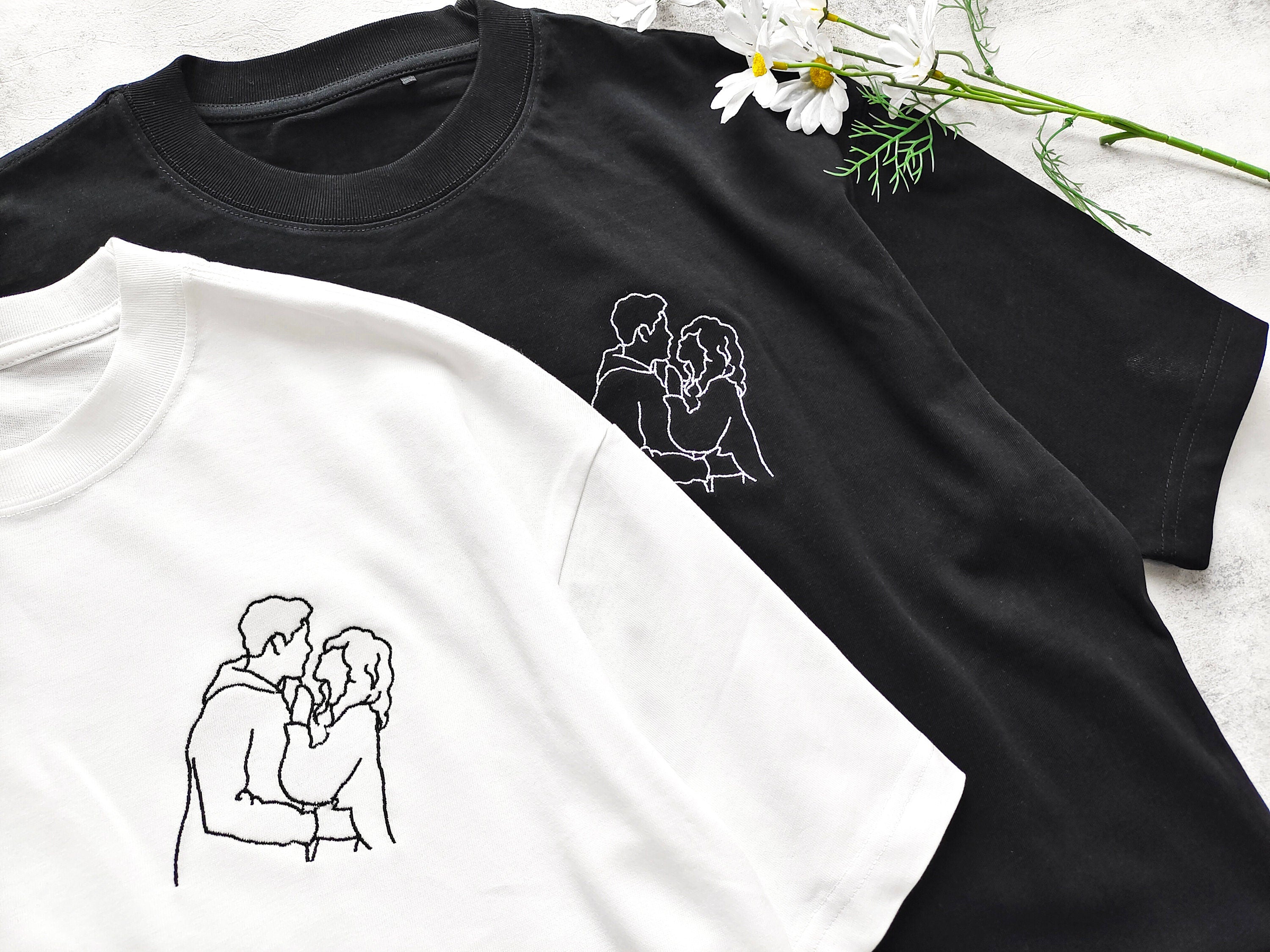 Custom Couple Portrait Embroidered T-shirt For Valentines Day