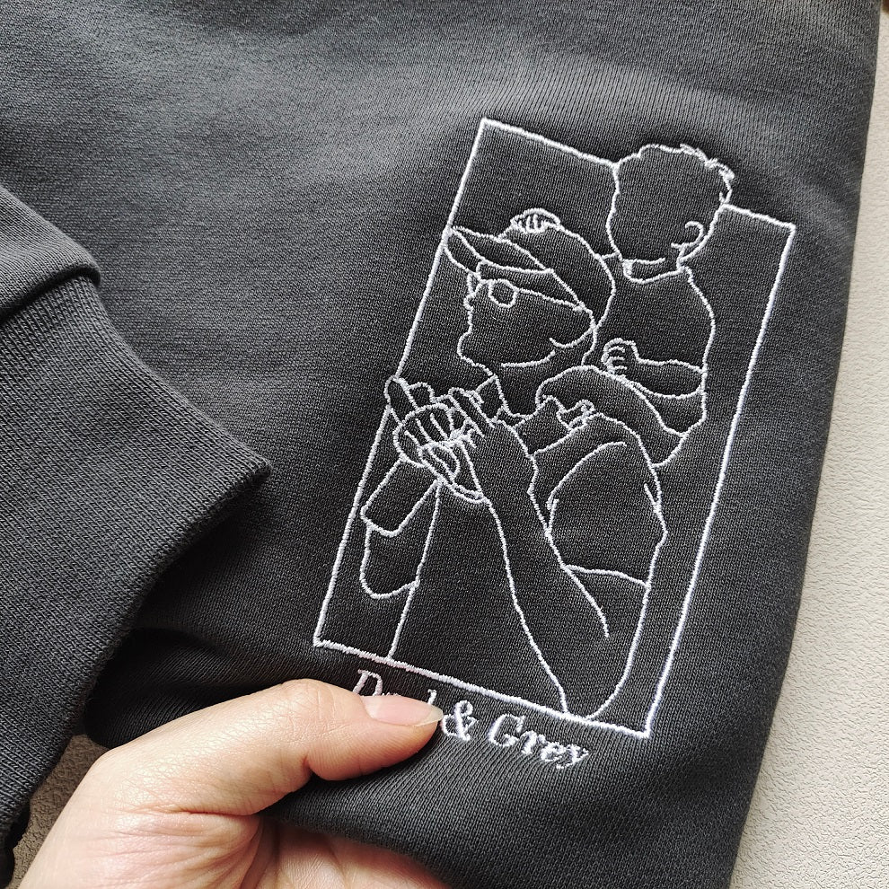 Custom Father's Day Embroidered Portrait Photo Sweatshirt With Initial On Sleeve