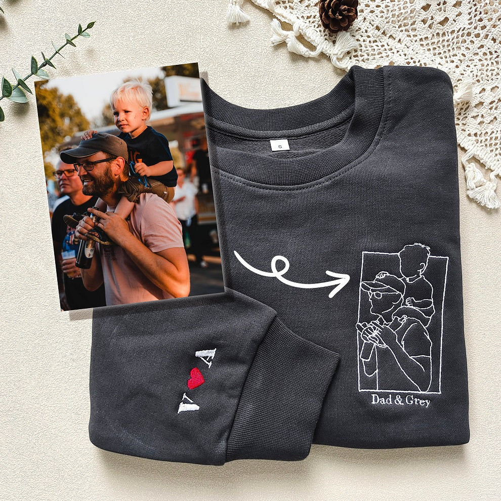 Custom Father's Day Embroidered Portrait Photo Sweatshirt With Initial On Sleeve