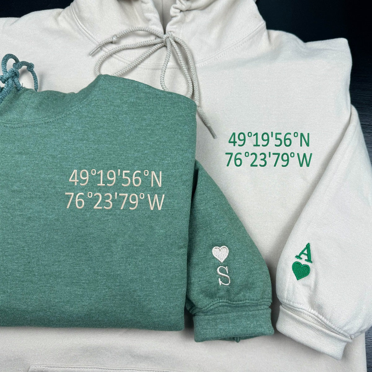 Custom Valentine's Day Couple Embroidered GPS Coordinate Sweatshirt | Couple Anniversary Gift