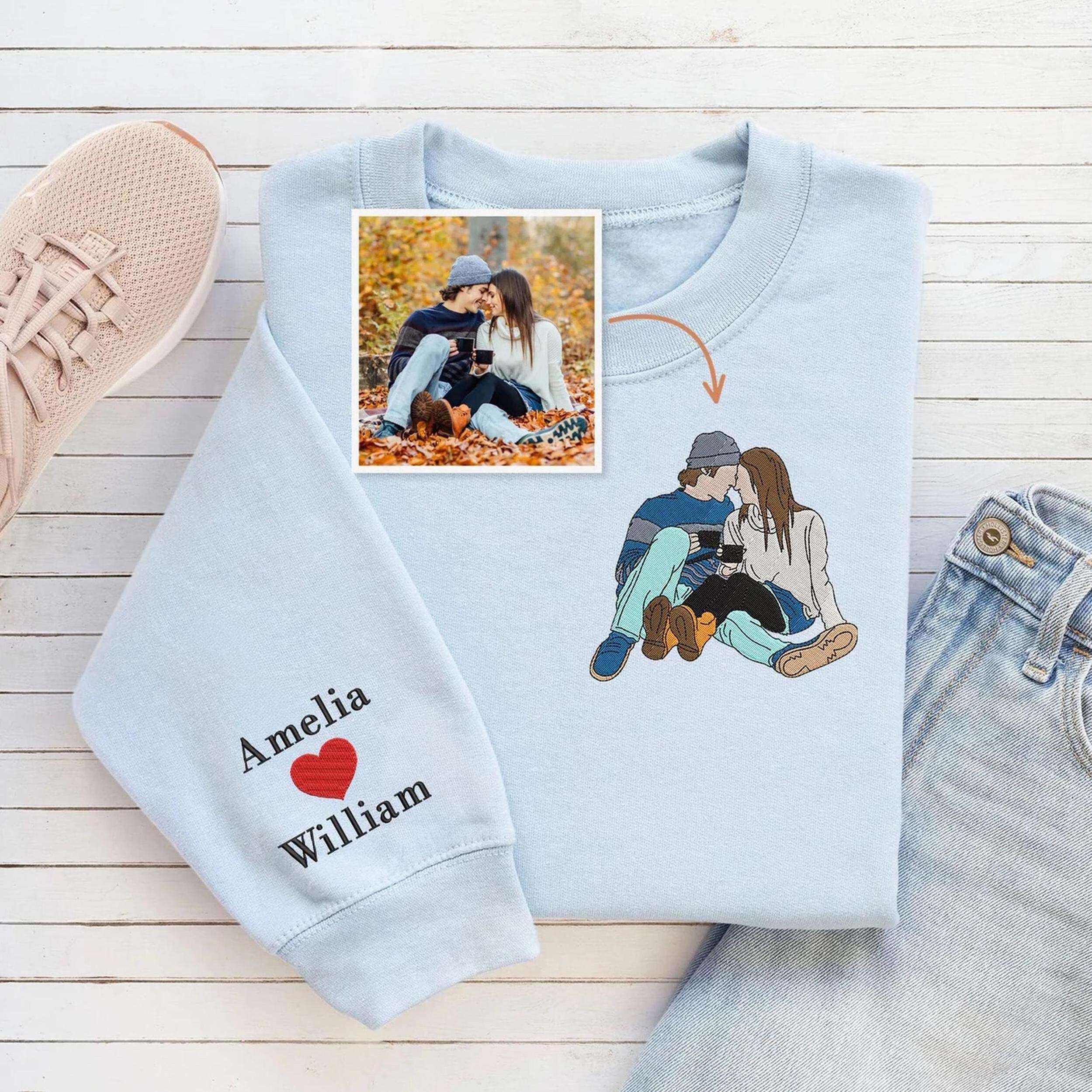Custom Couple Photo Portrait Embroidered Sweatshirt For Valentine Day