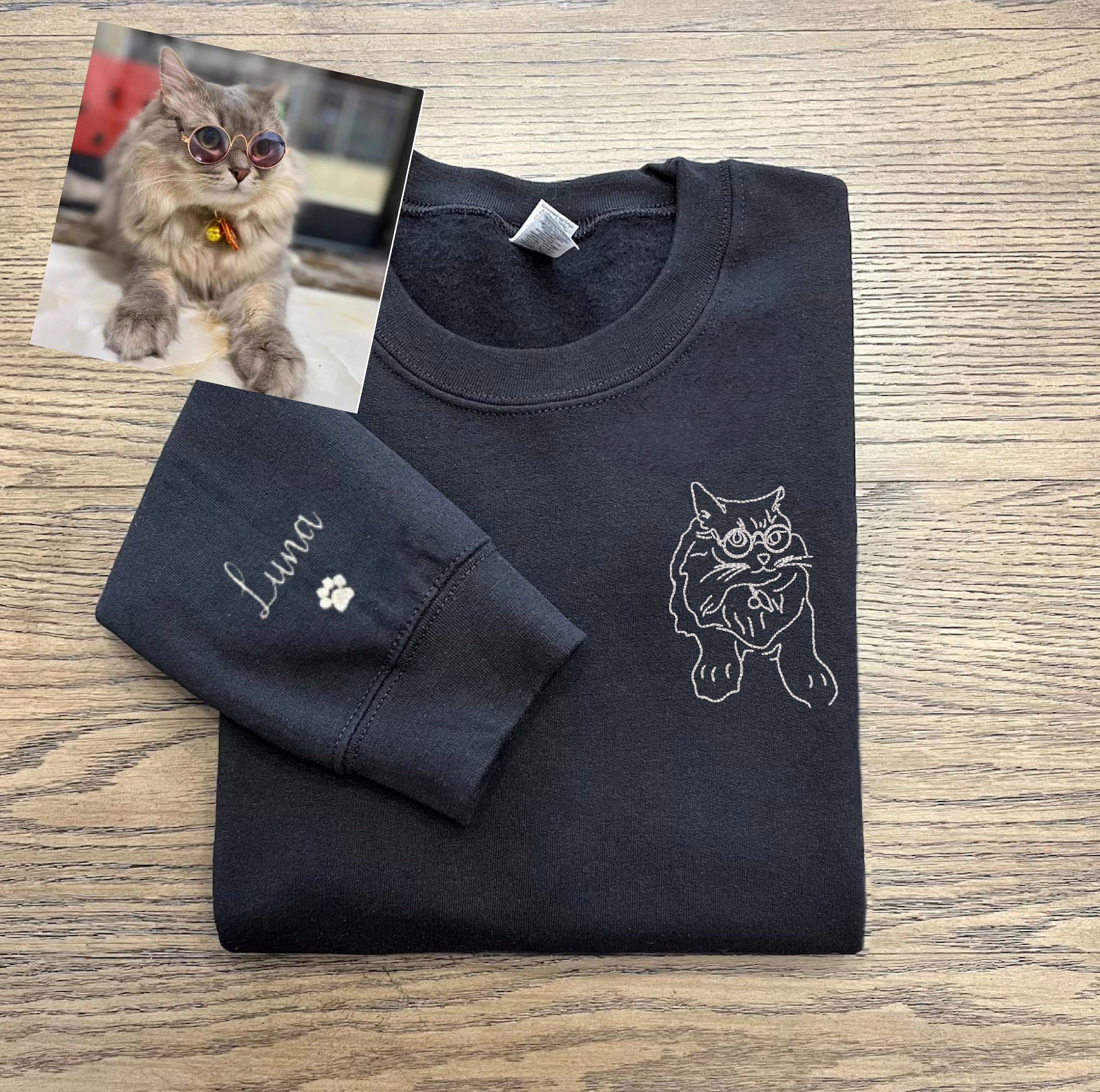 Custom Cat Portrait With Name Embroidered Sweatshirt | Gifts for Pet Lovers
