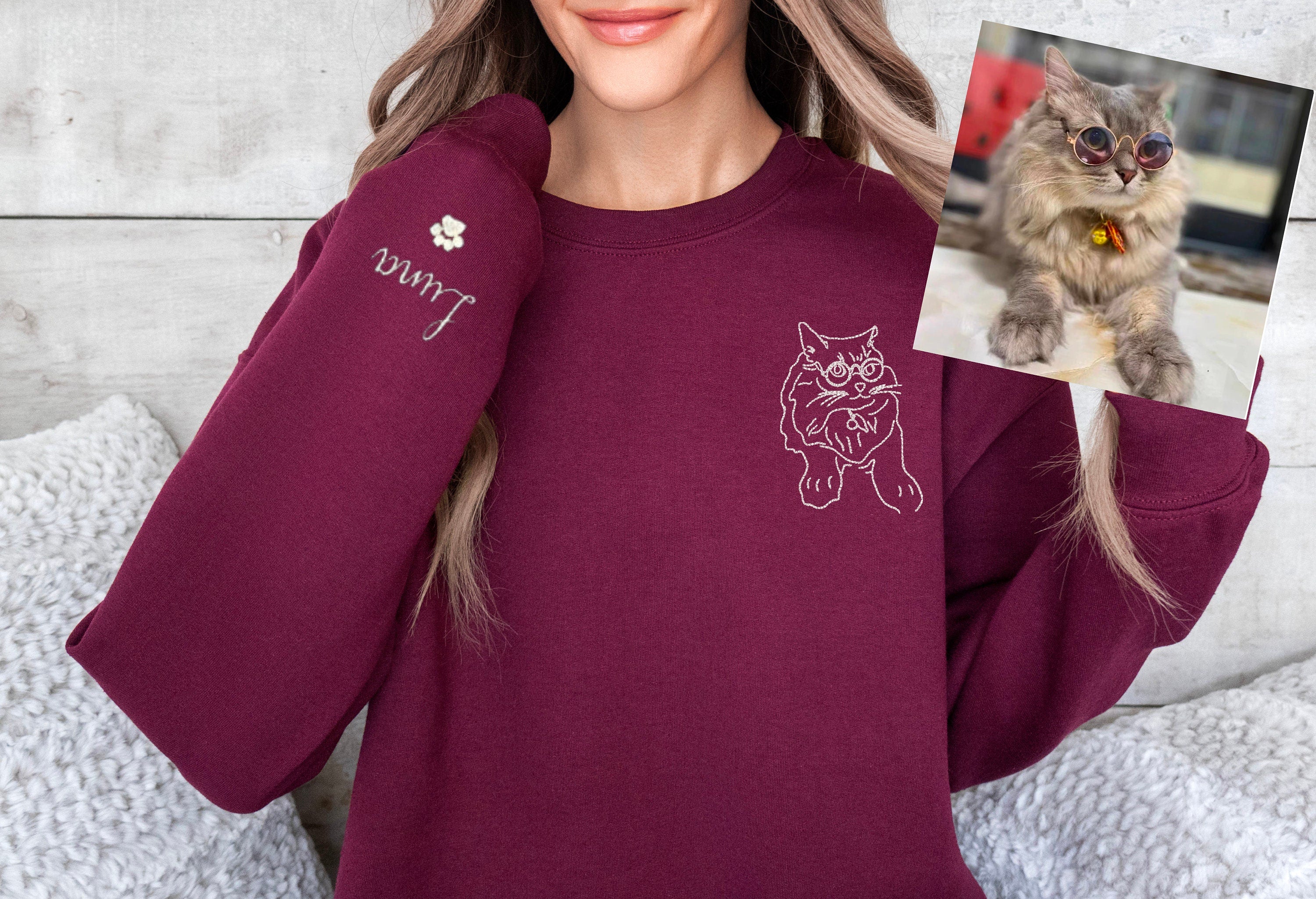 Custom Cat Portrait With Name Embroidered Sweatshirt | Gifts for Pet Lovers