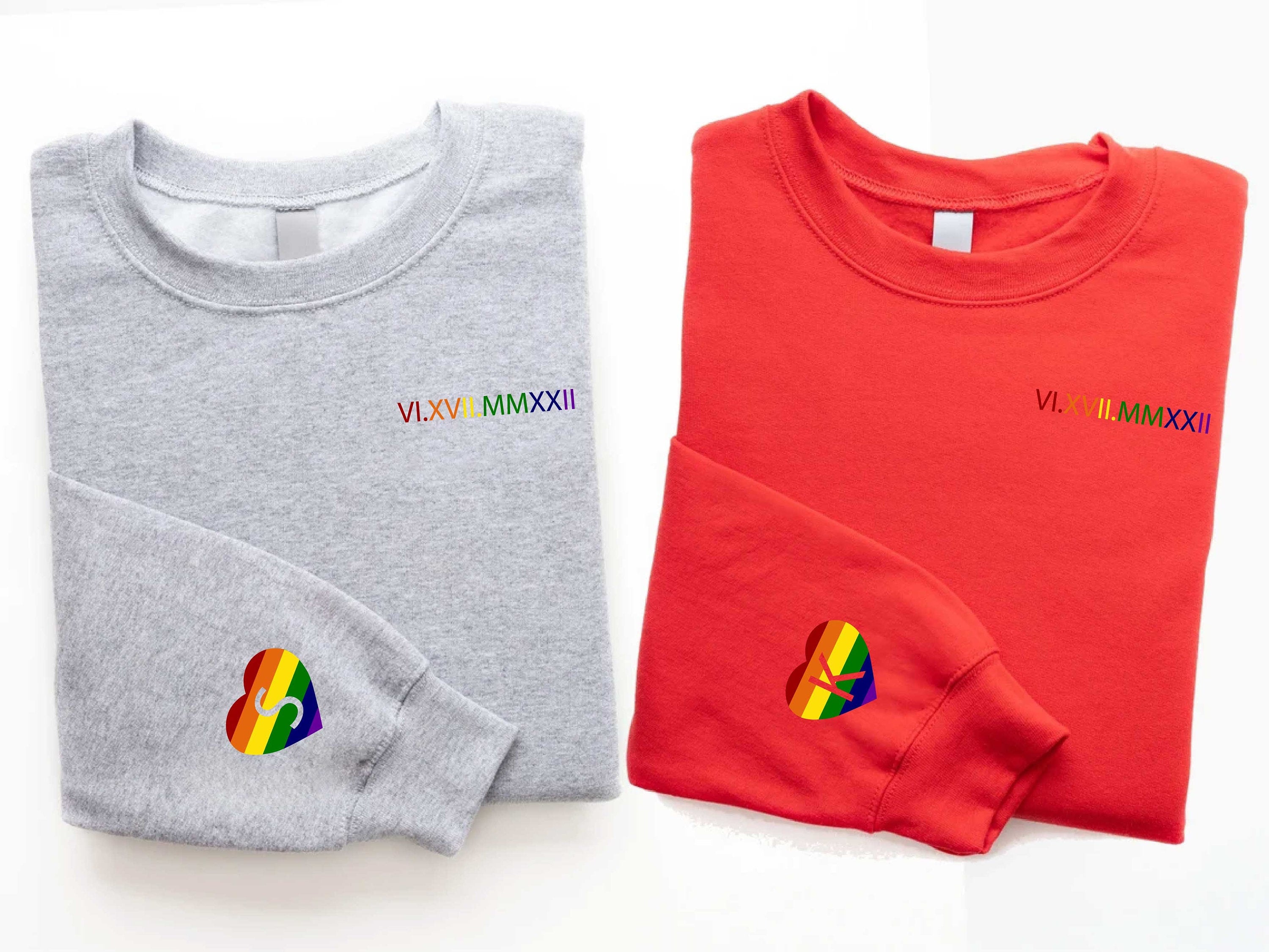 Custom Embroidered Matching Couple LGBT Roman Numeral Sweatshirt Initial On Sleeve,Personalized Lesbian Couple Sweater