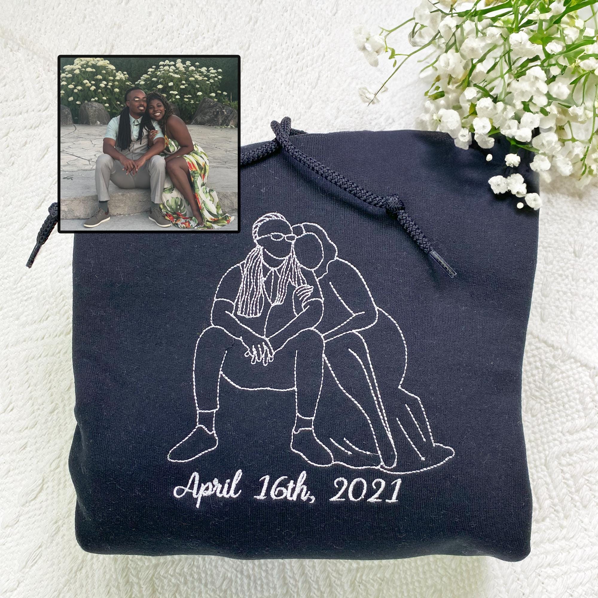 Custom Embroidered Couple Anniversary Sweatshirt From Couple Photo, 1 Year Anniversary Gift For Girlfriend