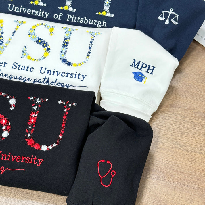 Custom College University Floral Letter Embroidered Sweatshirt | Graduation Gift For Friend