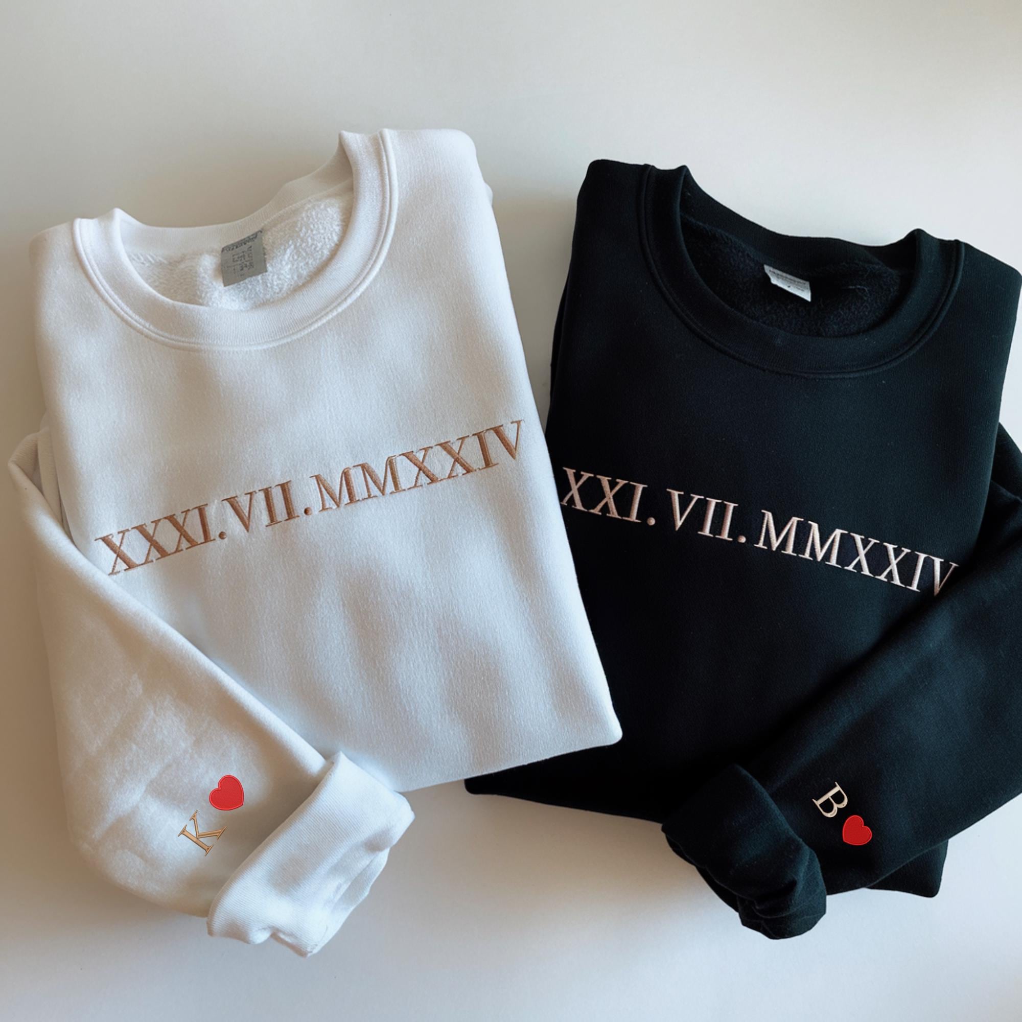 Custom Embroidered Roman Numeral Date Sweatshirt Initial on Sleeve | Valentines Couples Gift 1st Anniversary gift