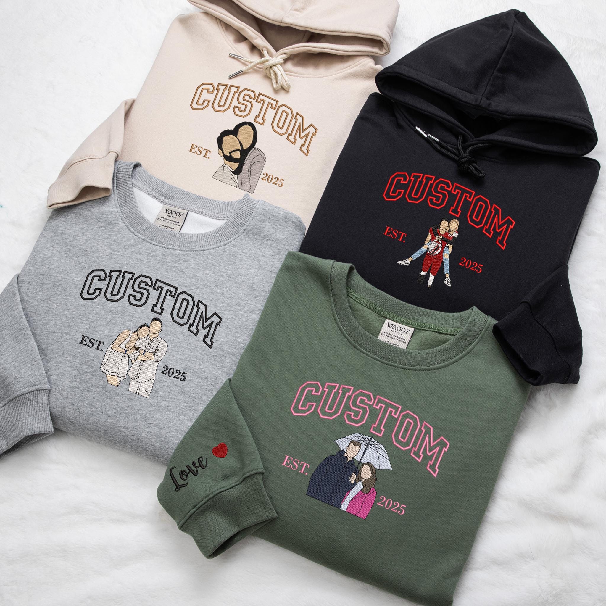 Personalized Embroidered Portrait from Photo Hoodie, Valentines Couple Custom Portrait Sweatshirt, Wedding Portrait, Matching Couple Shirt