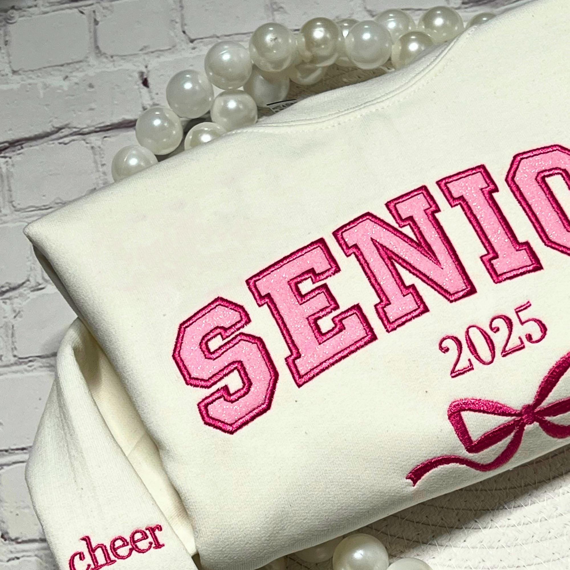 Custom Embroidered Senior Sweatshirt Name On Sleeve With Ribbon, Great Senior Day Gift