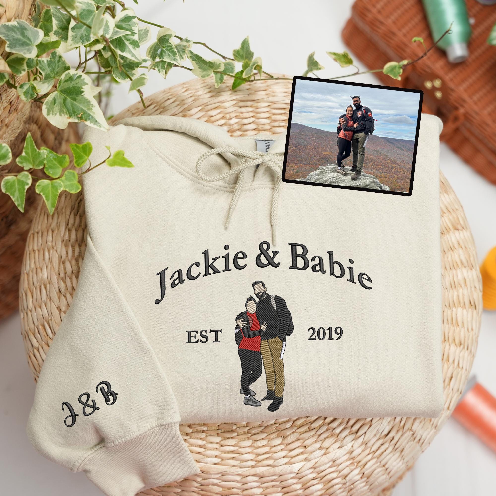 Custom Embroidered Matching Couple Hoodies with Portrait | Valentine's Day Couple Gifts | 1st Year Anniversary Gift For Her