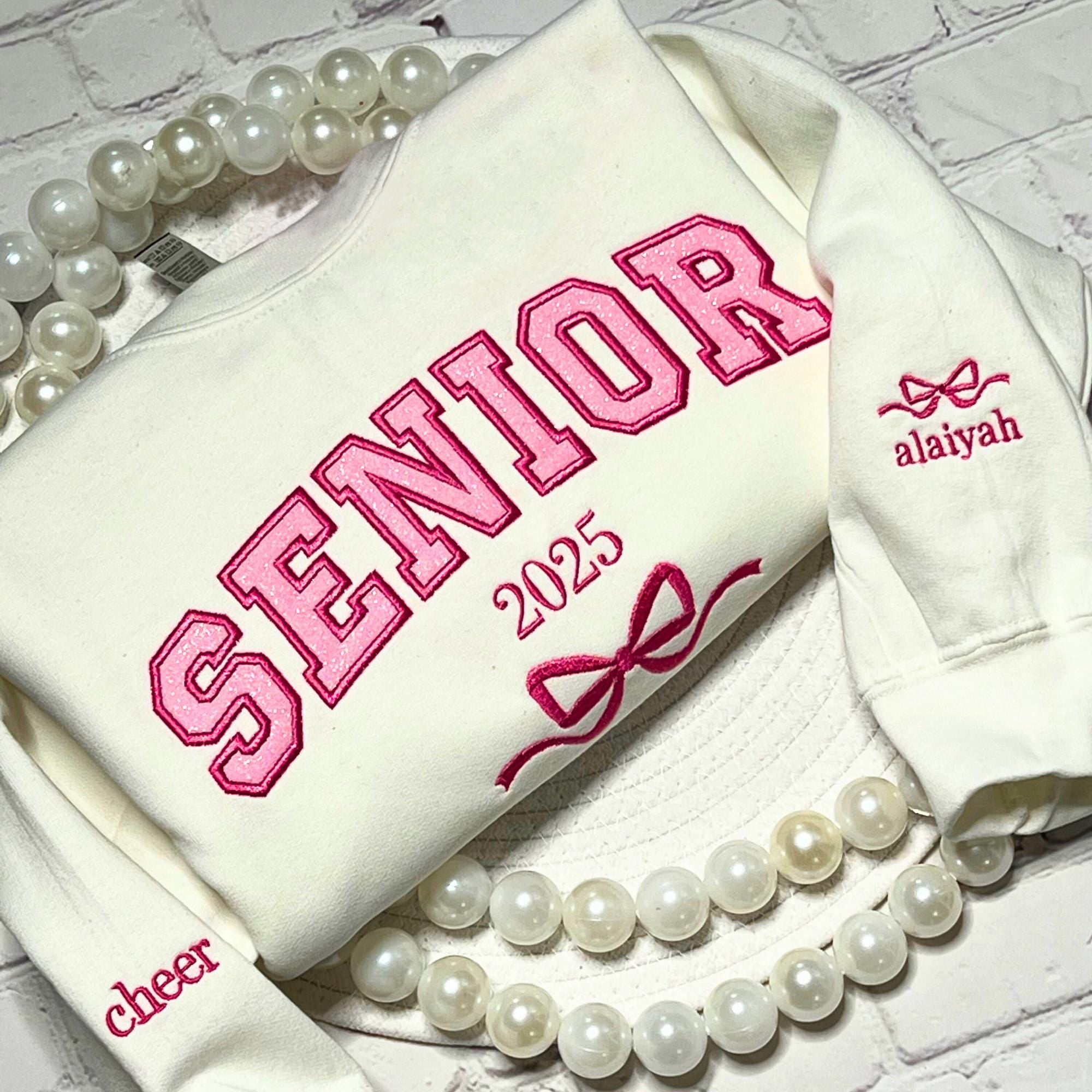 Custom Embroidered Senior Sweatshirt Name On Sleeve With Ribbon, Great Senior Day Gift
