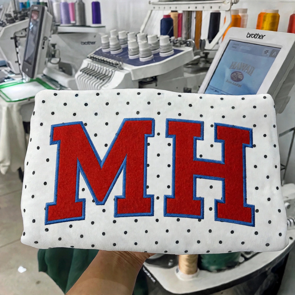 Custom Patchwork Varsity Letter Mock Neck Sweatshirt – Personalized Team & School Name Polka Dot Pullover