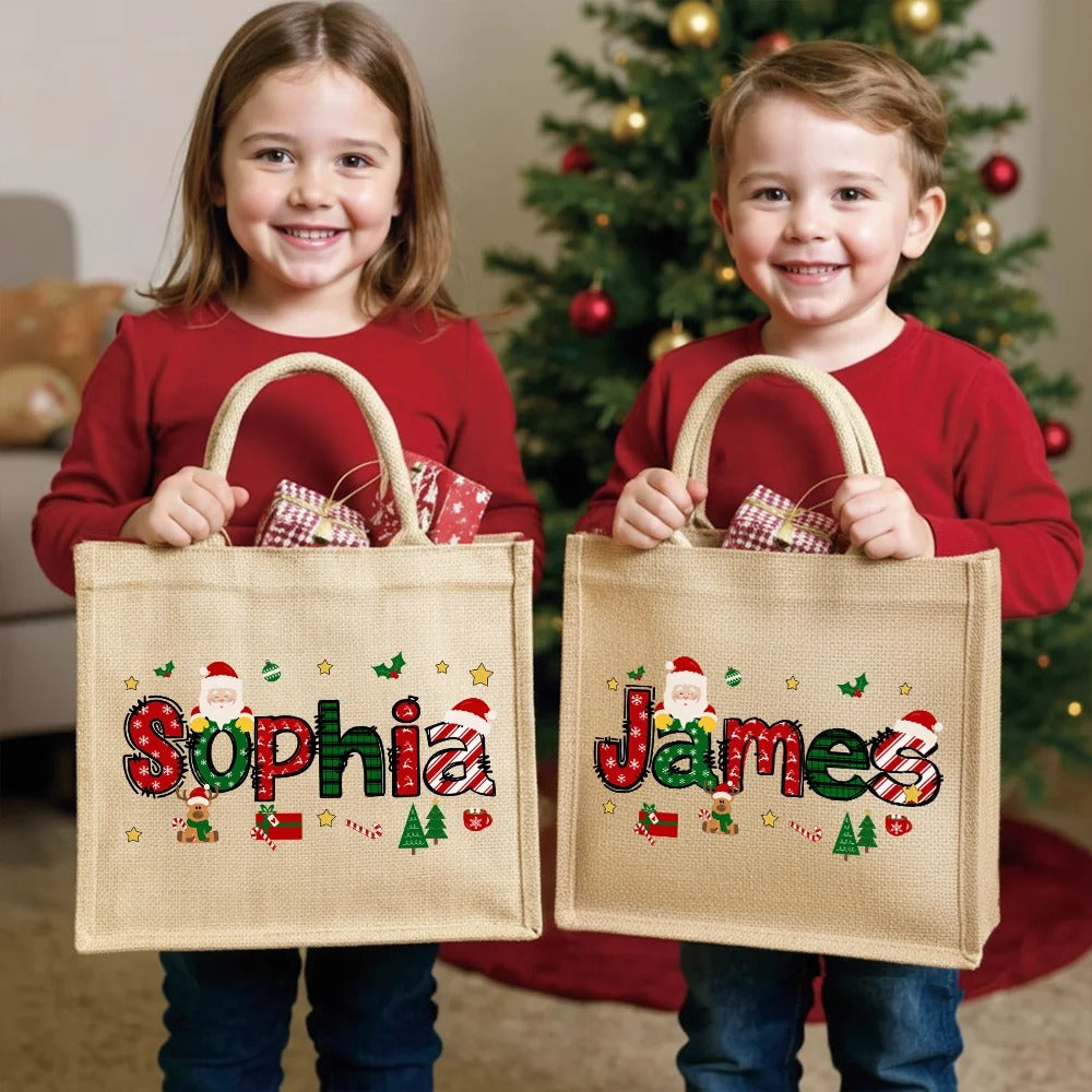 Personalized Cute Santa Christmas Theme Letters Reusable Jute Tote Bag with Name Christmas Holiday Gift for Kids Family