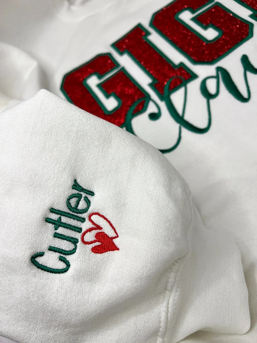 Custom Embroidered Glitter Appliqué Gigi Mimi Mama Claus Sweatshirt with Names on Sleeve