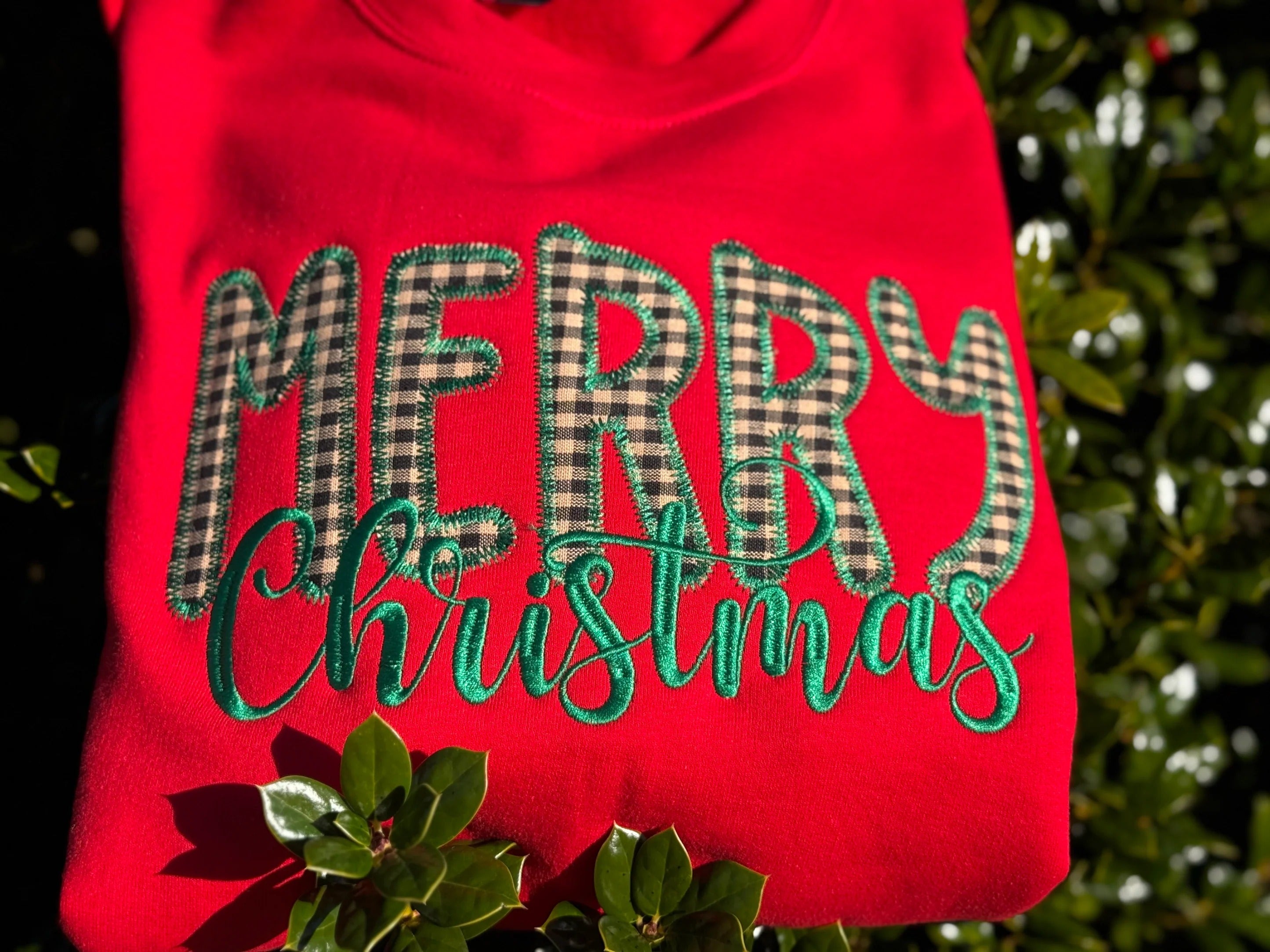 Custom Merry Christmas Applique Embroidered Side Bow Sweatshirt