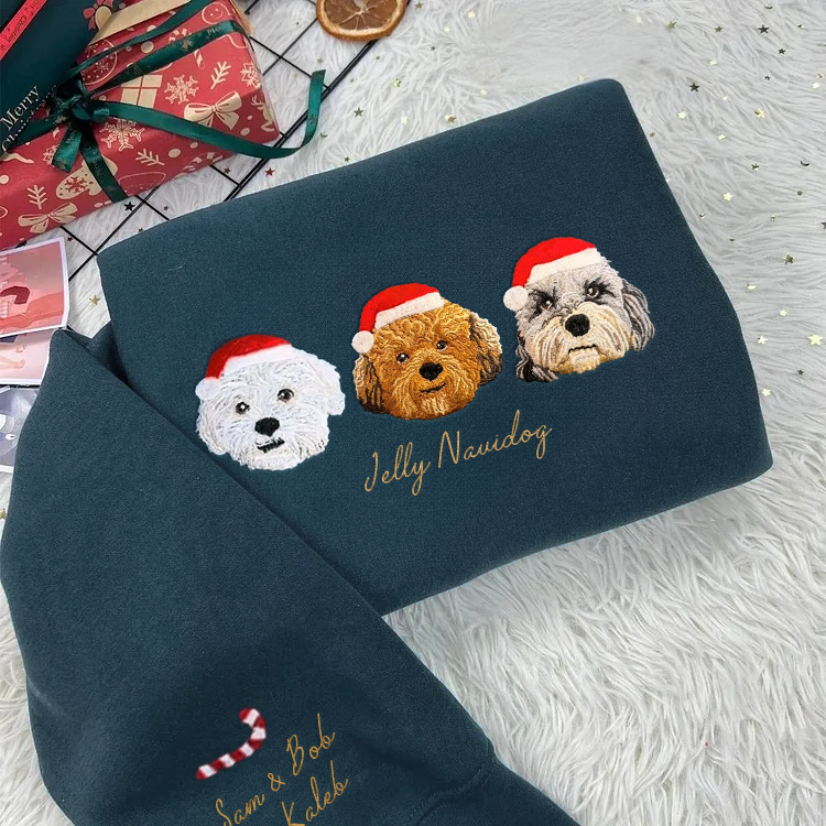 Custom Dog Cat Portrait Embroidered Christmas Sweatshirt Hoodie T-shirt