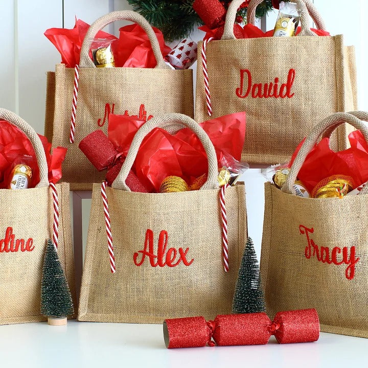 Custom Personalized Name Embroidered Christmas Gift Bag Eco-friendly Jute