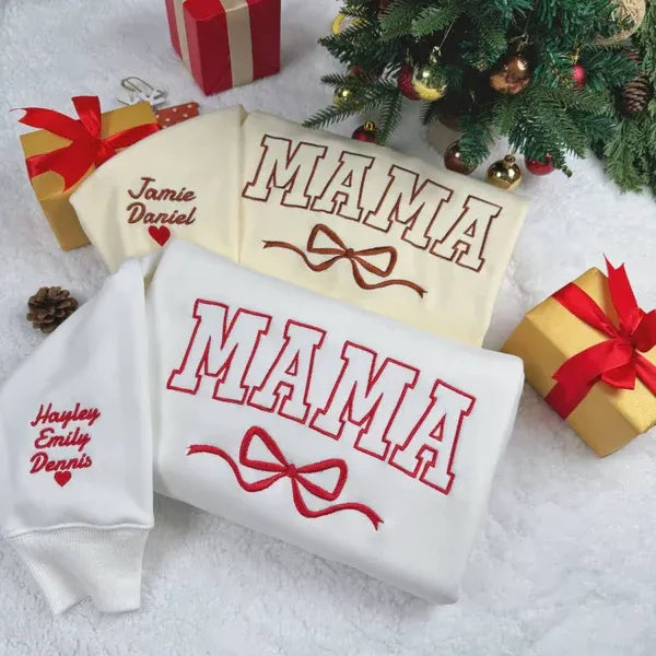 Custom Bow Mama Embroidered Sweatshirt With Kids Names on Sleeve | Mother's Day Gifts