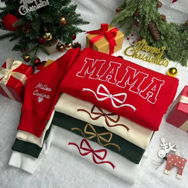 Custom Bow Mama Embroidered Sweatshirt With Kids Names on Sleeve | Mother's Day Gifts