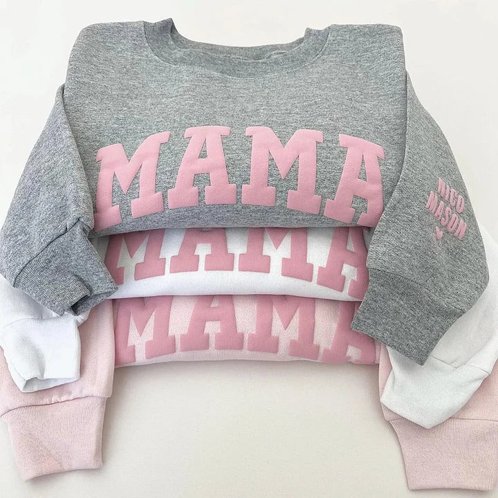 Custom Puff Letters MAMA Sweatshirt with Kids Names on Sleeve | Mother's Day Gifts