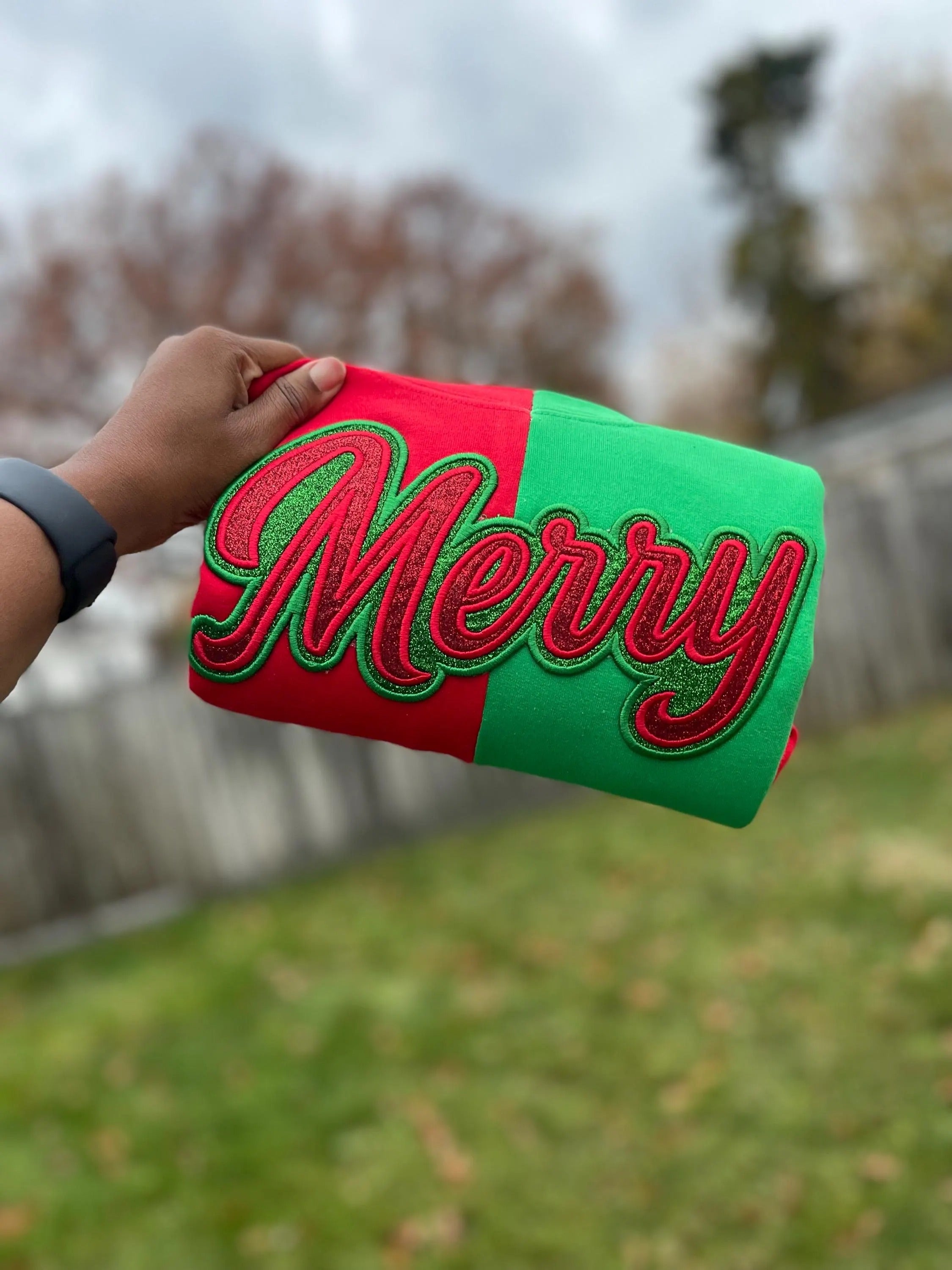 Custom Glitter Merry Two Tone Embroidered Sweatshirt For Christmas