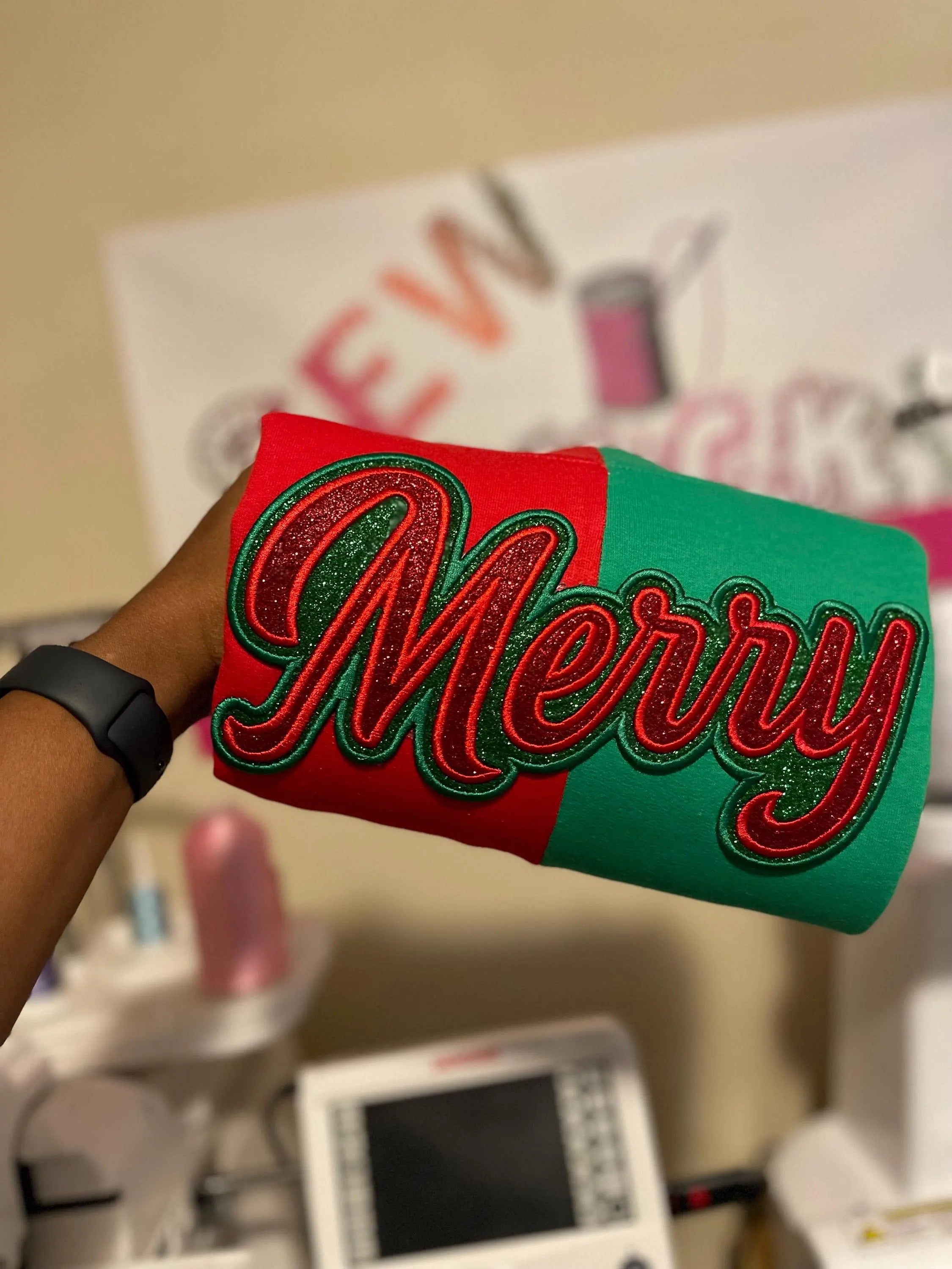 Custom Glitter Merry Two Tone Embroidered Sweatshirt For Christmas