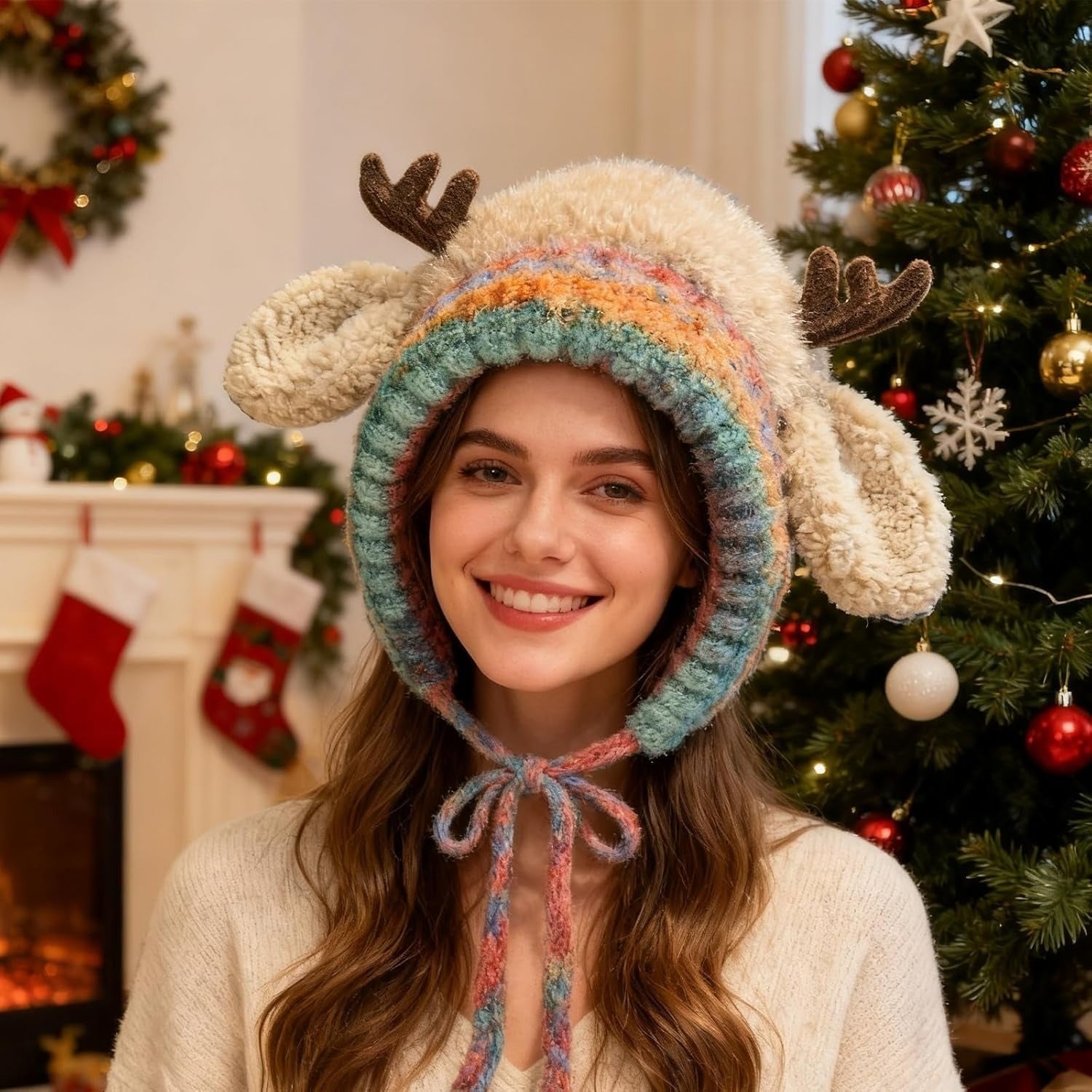 Christmas Reindeer Beanie Festive Christmas 2-in-1 Antler Hat Winter Knitted Ear Protection Windproof Warm Hats