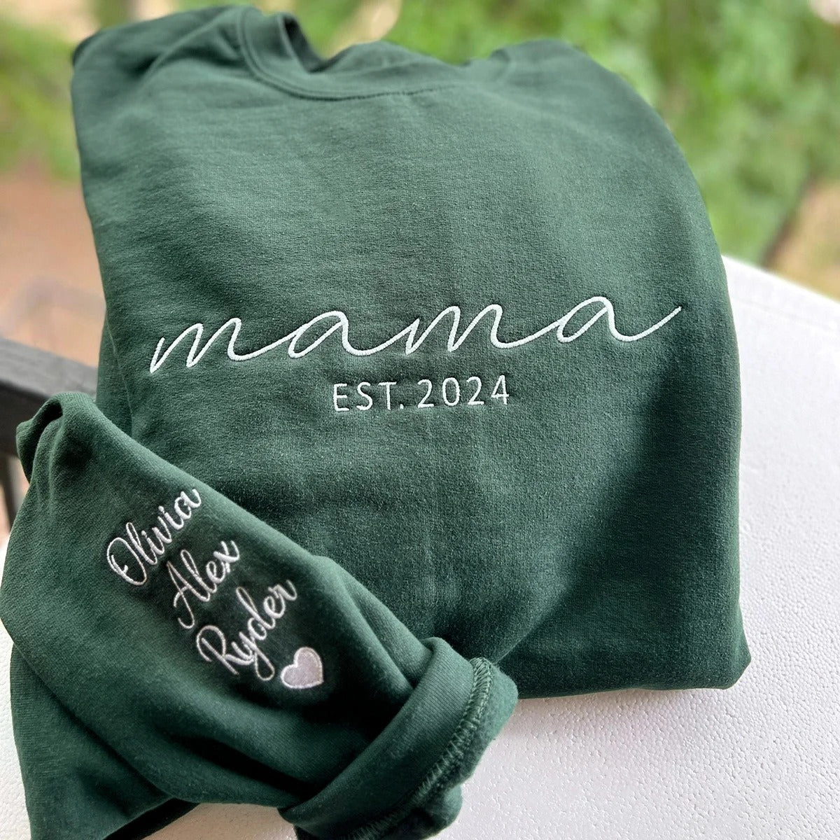 Custom Embroidered Mama Sweatshirt with Date and Kids Names on Sleeve Christmas Gift for Mom | Mother's Day Gifts