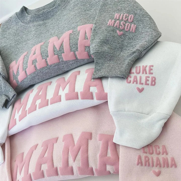 Custom Puff Letters MAMA Sweatshirt with Kids Names on Sleeve | Mother's Day Gifts