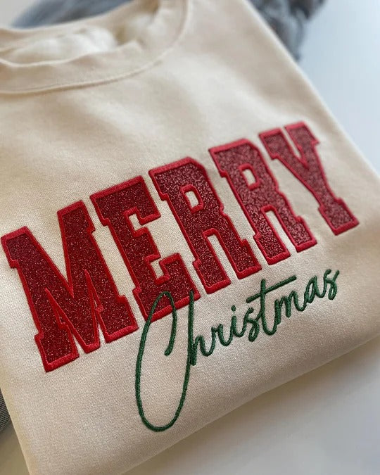 Custom Glitter Embroidered Merry Christmas Sweatshirt