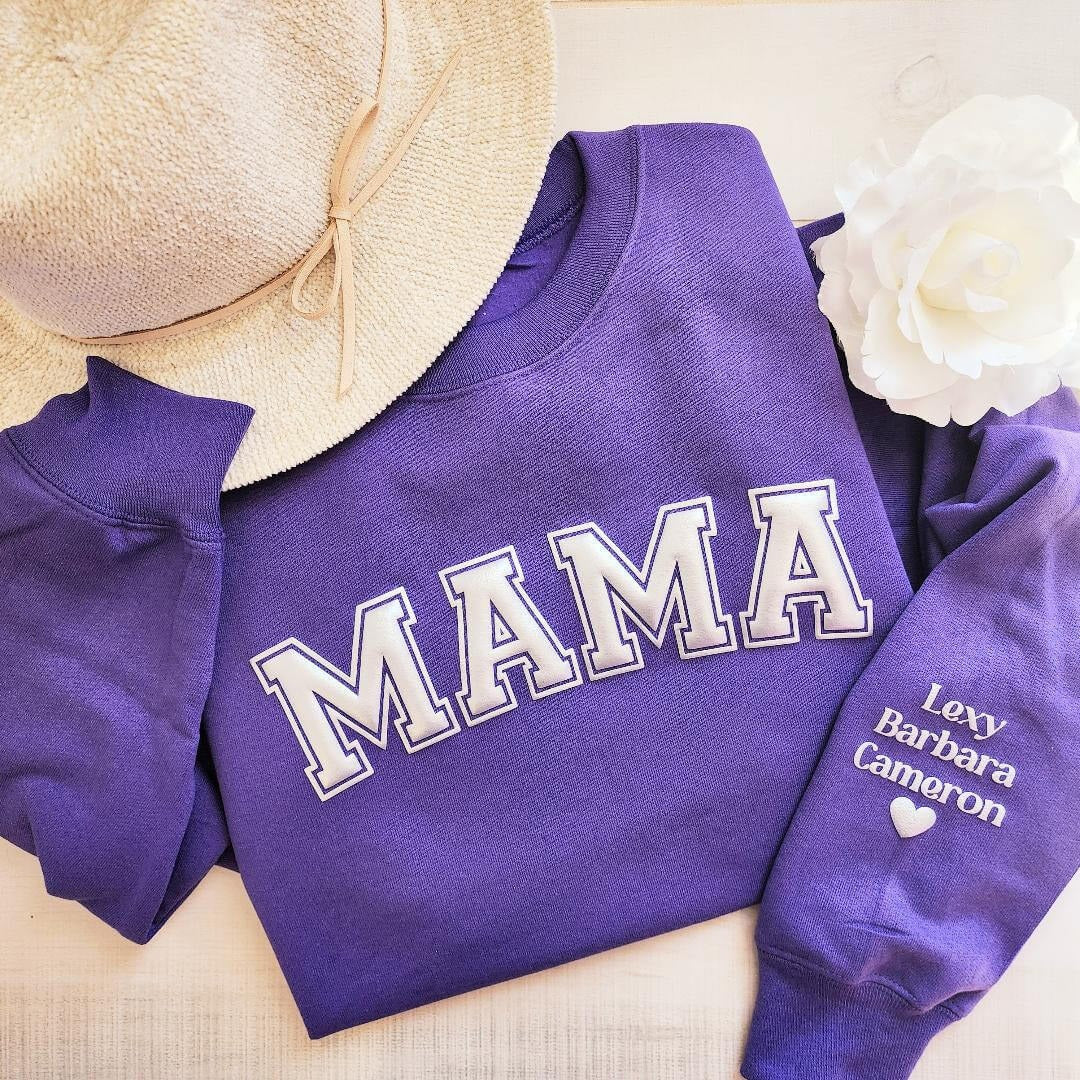 Custom Mama Sweatshirt with Puff Lettering, Personalized Kid Names on Sleeve, Cute Gift for Mama | Mother's Day Gift