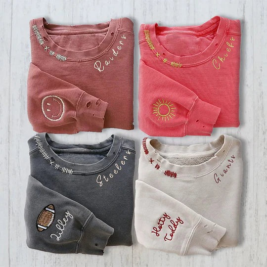 Custom Vintage Embroidered Hand Distressed Crew Neck Sweatshirt