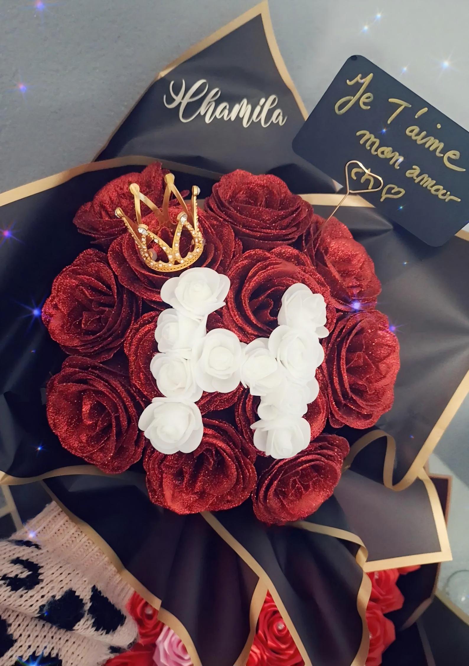 Personalized DIY Glitter Eternal Rose Bouquet with Initial for Girlfriend & Boyfriend | Couple Anniversary Gift