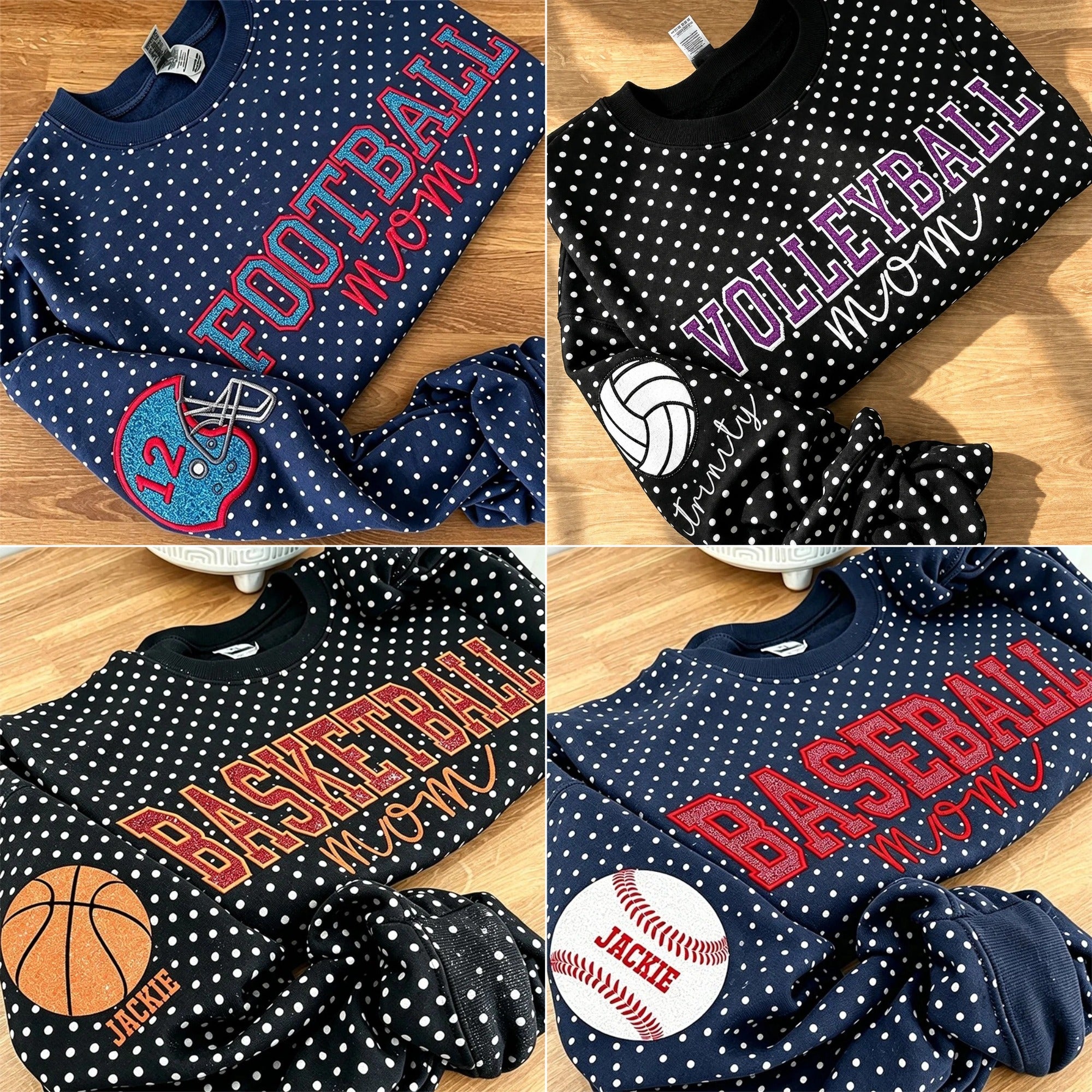 Personalized Glitter Embroidered Football/Volleyball/Baseball/Basketball Mom Polka Dot Sweatshirt | Gifts for Sports Mom | Game Day Wear