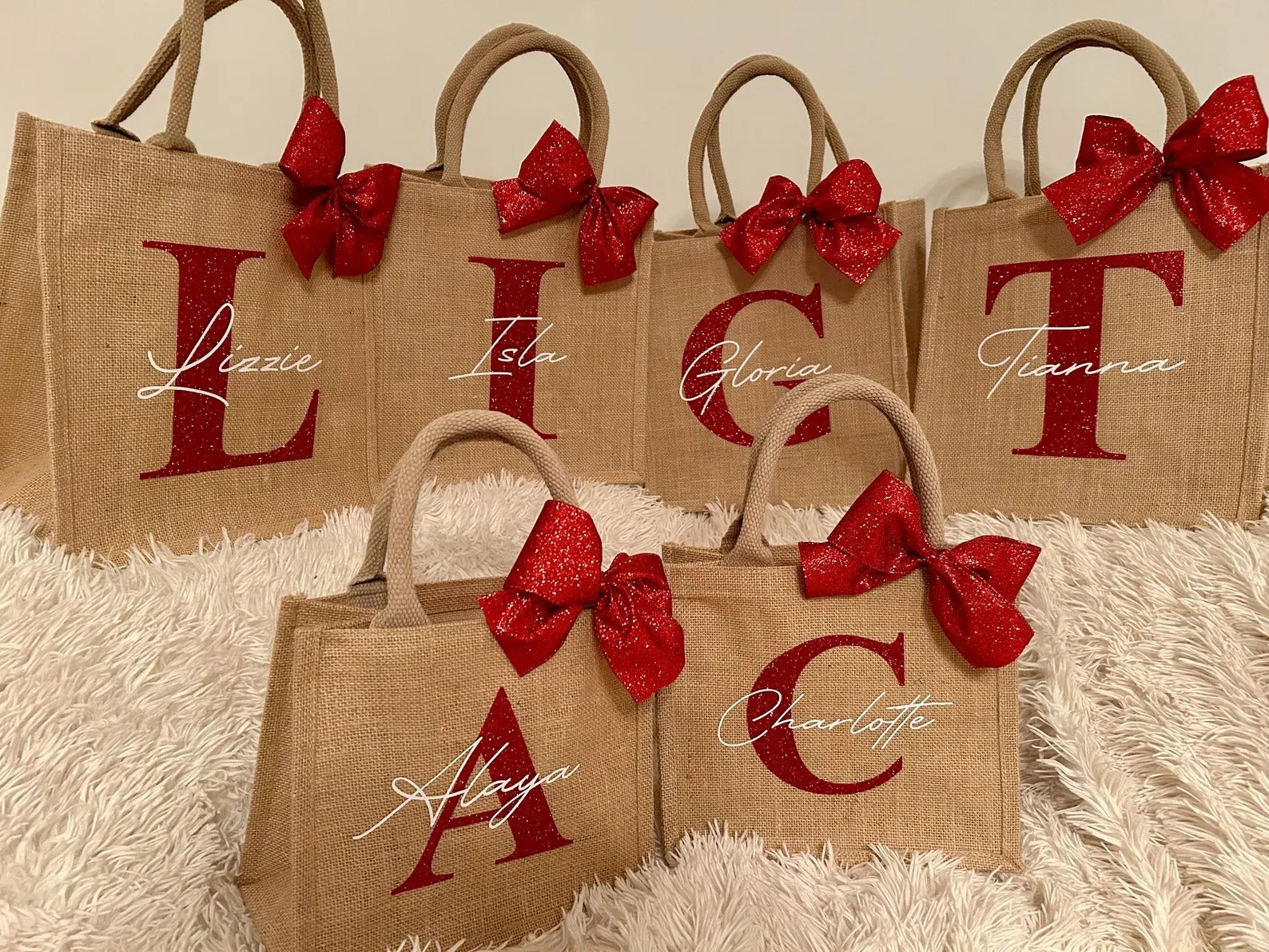 Custom Christmas Red Glitter Bow Gift Bag with Personalized Name