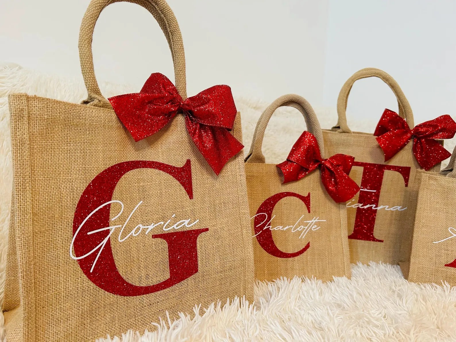 Custom Christmas Red Glitter Bow Gift Bag with Personalized Name