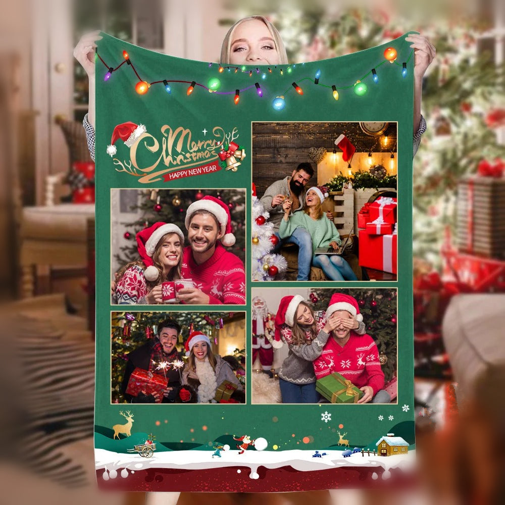 Custom 4 Photos Blankets Merry Christmas Blankets For Family