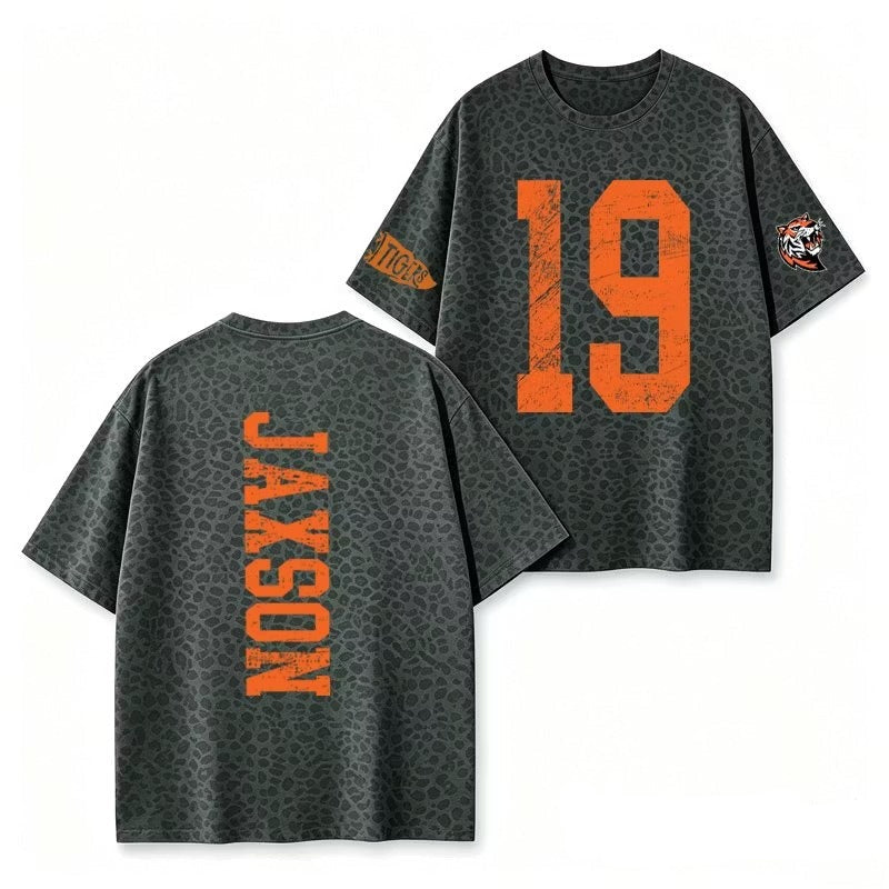 Custom Leopard Print Camo Varsity Tee – Personalized Retro Number Jersey Game Day Sweatshirt